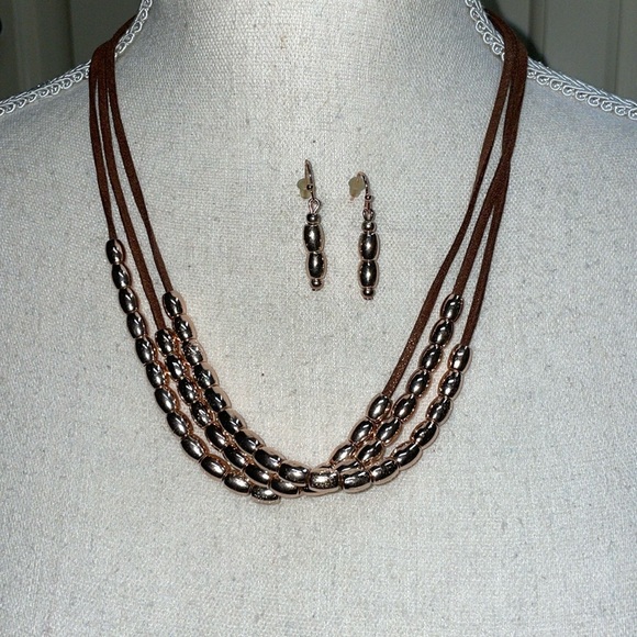Boho Vintage 1946 Bronze Leather & Bead Multi Strand Necklace Earring Set - Picture 3 of 10